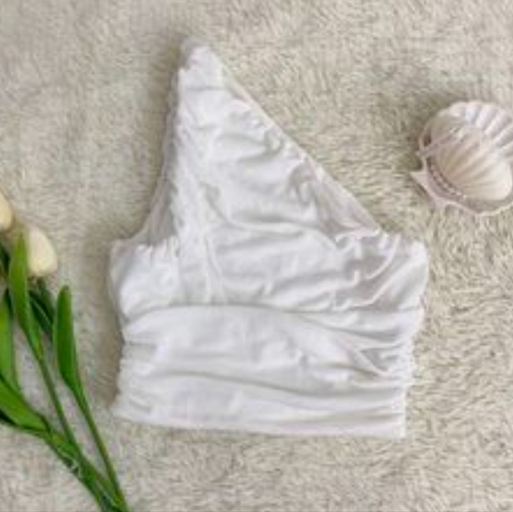 SHEIN white shiny satin ruched one shoulder crop top - Picture 1 of 6